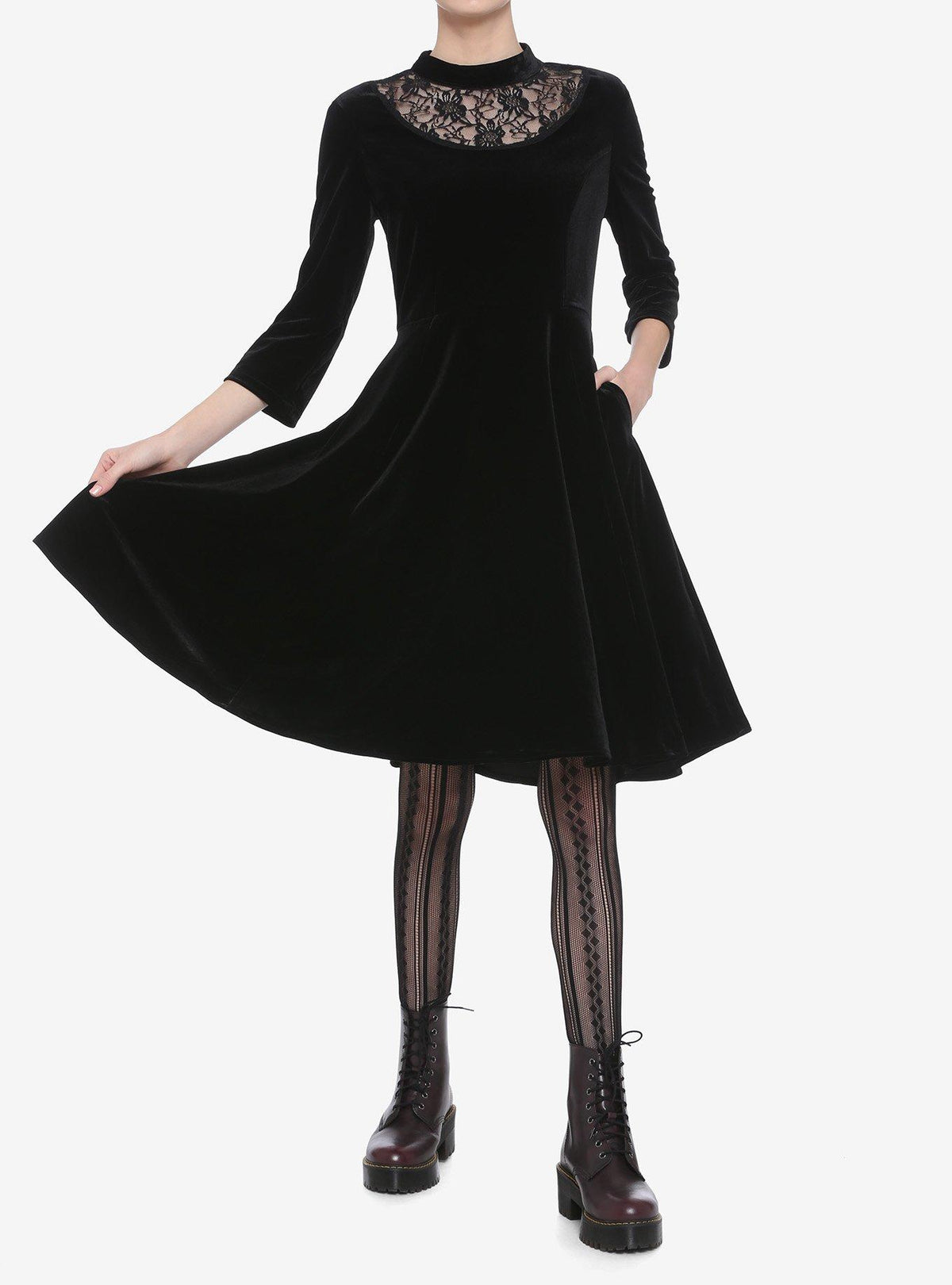 Lace Neck Velvet Long-Sleeve Dress