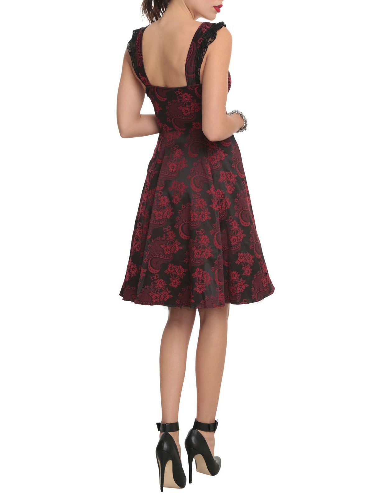 Red and Black Brocade Lace Up Dress